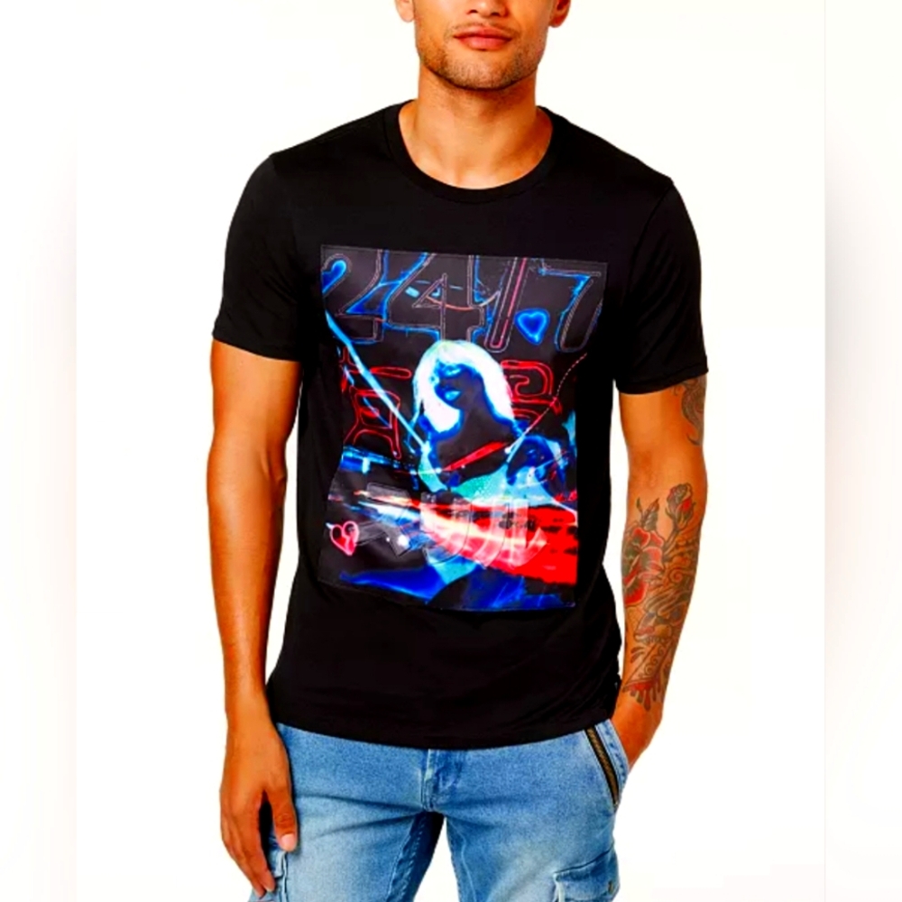 GUESS T-shirt Men's Small Black Tokyo Neon Light Graphic Print Embossed Letters
